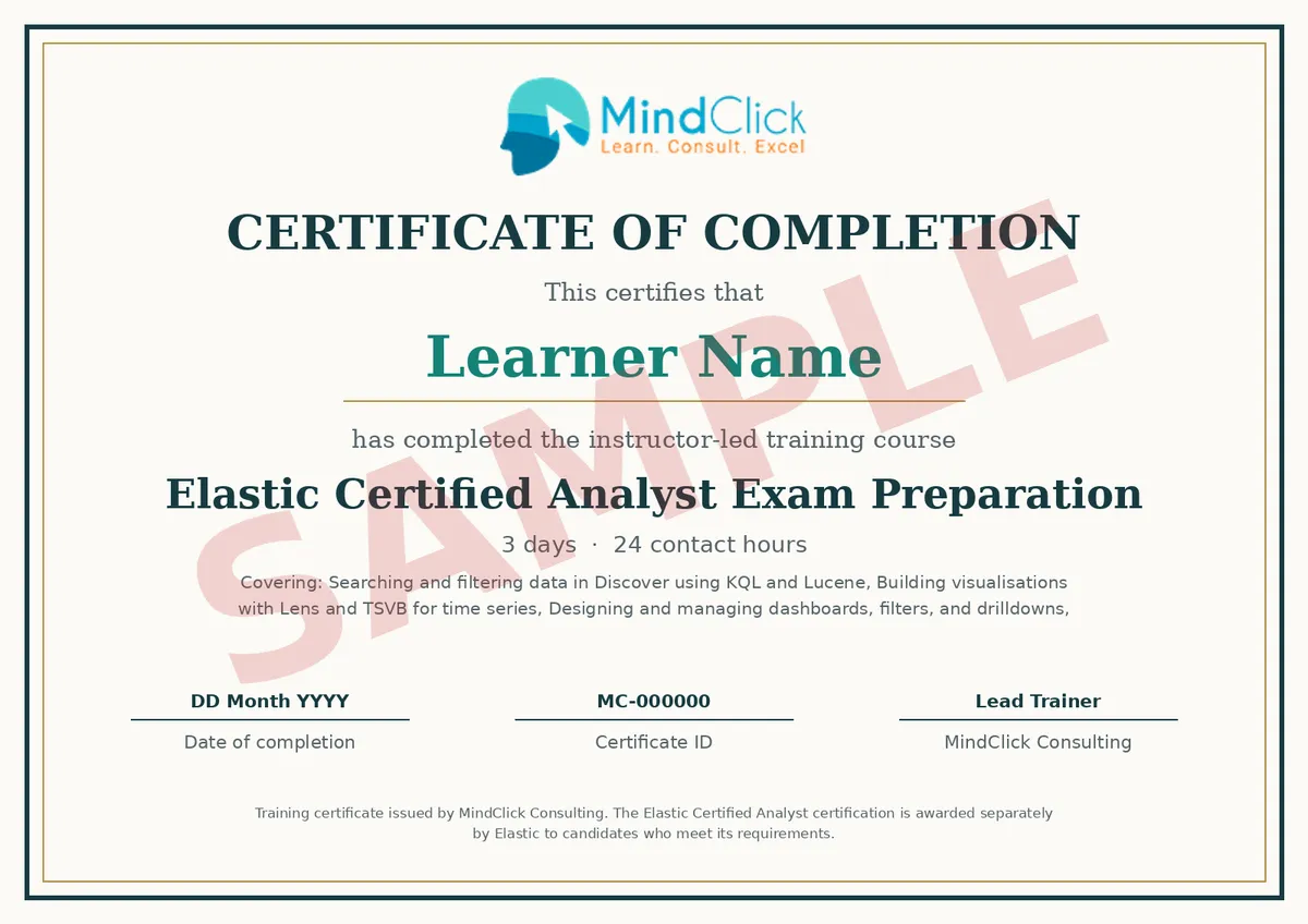 Sample MindClick certificate of completion for Elastic Certified Analyst Exam Preparation, marked SAMPLE