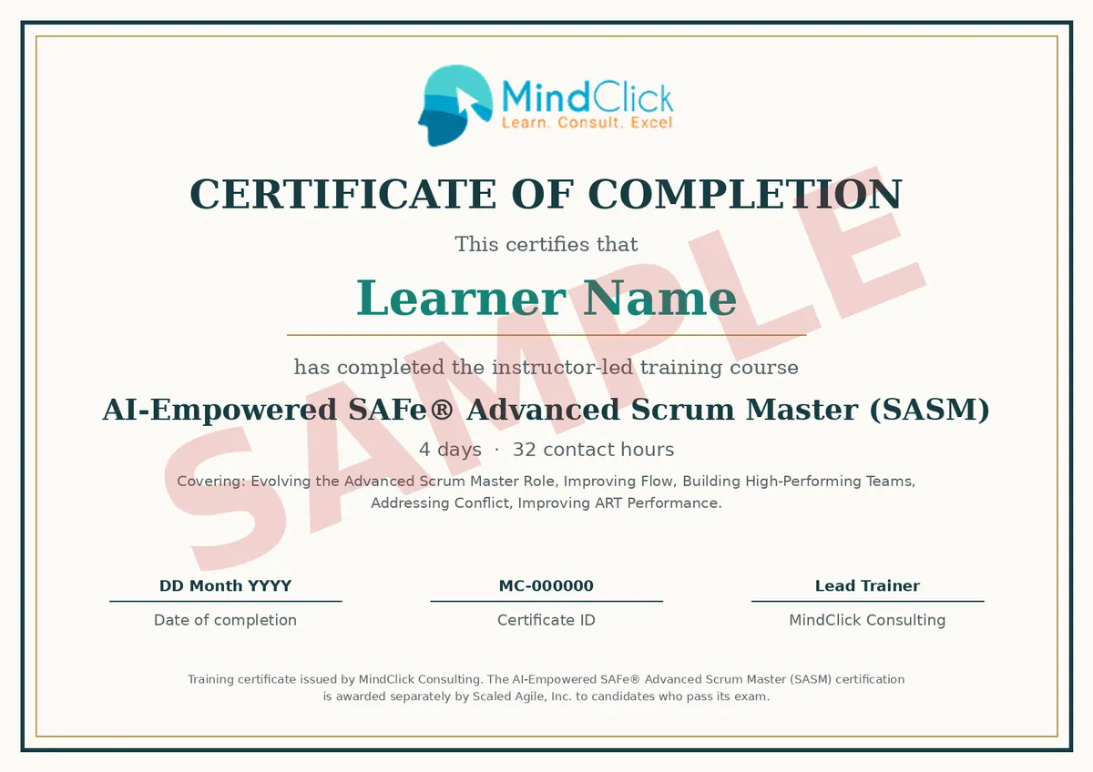 Sample MindClick certificate of completion for SAFe Advanced Scrum Master Skills, marked SAMPLE